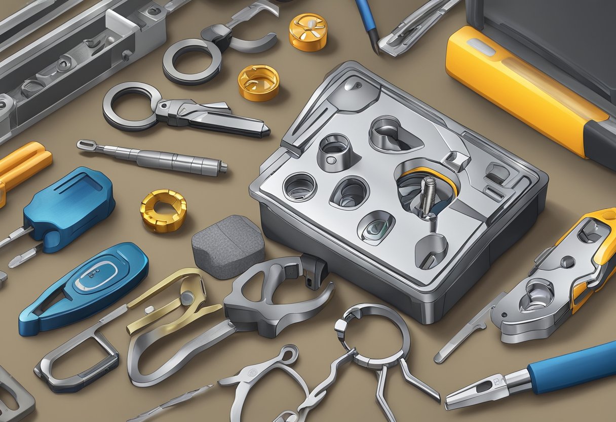 A custom keychain being produced with a machine, surrounded by tools and materials