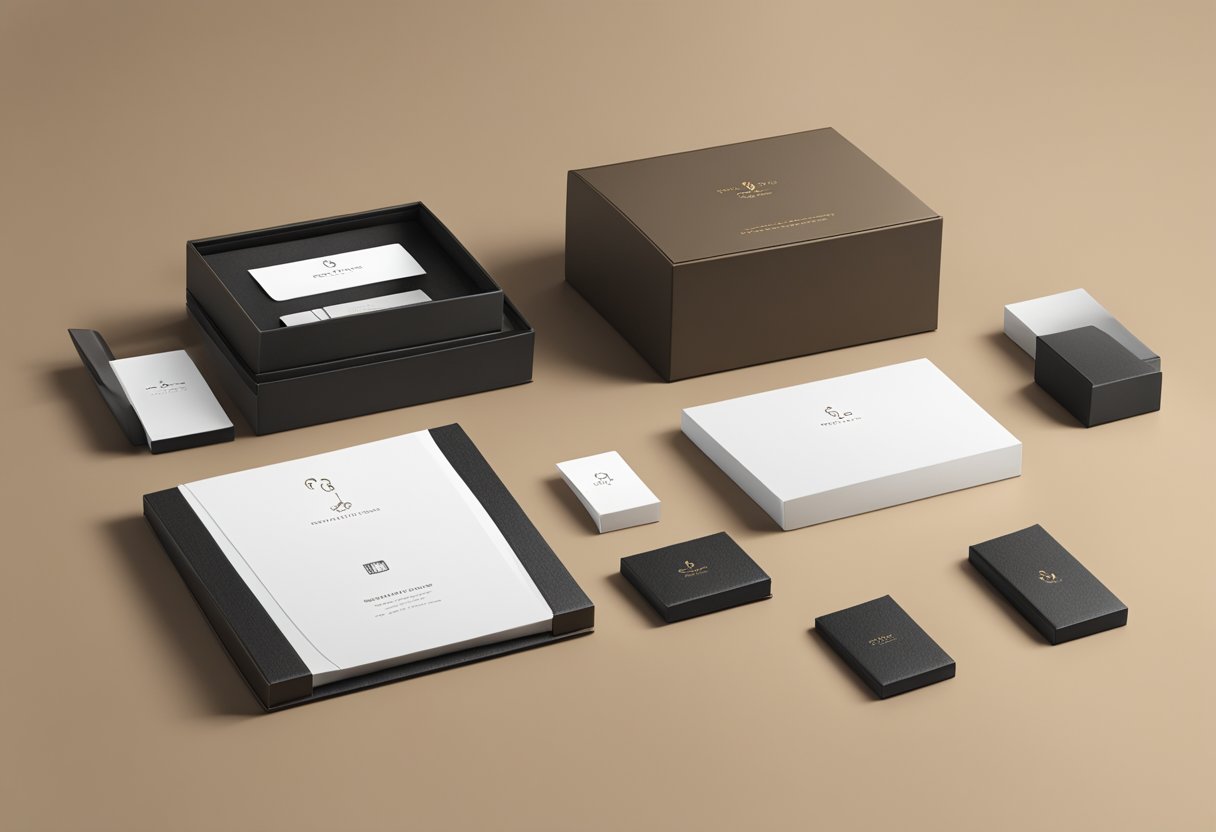 A sleek leather gift set displayed with FAQ cards and elegant packaging