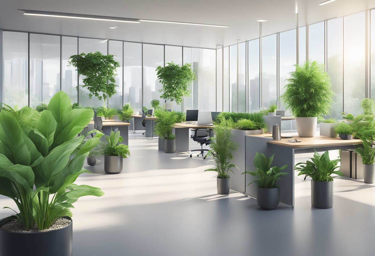 Lush green plants arranged in sleek, modern pots adorn a bright office space, bringing fresh air and a sense of calm to the bustling corporate environment