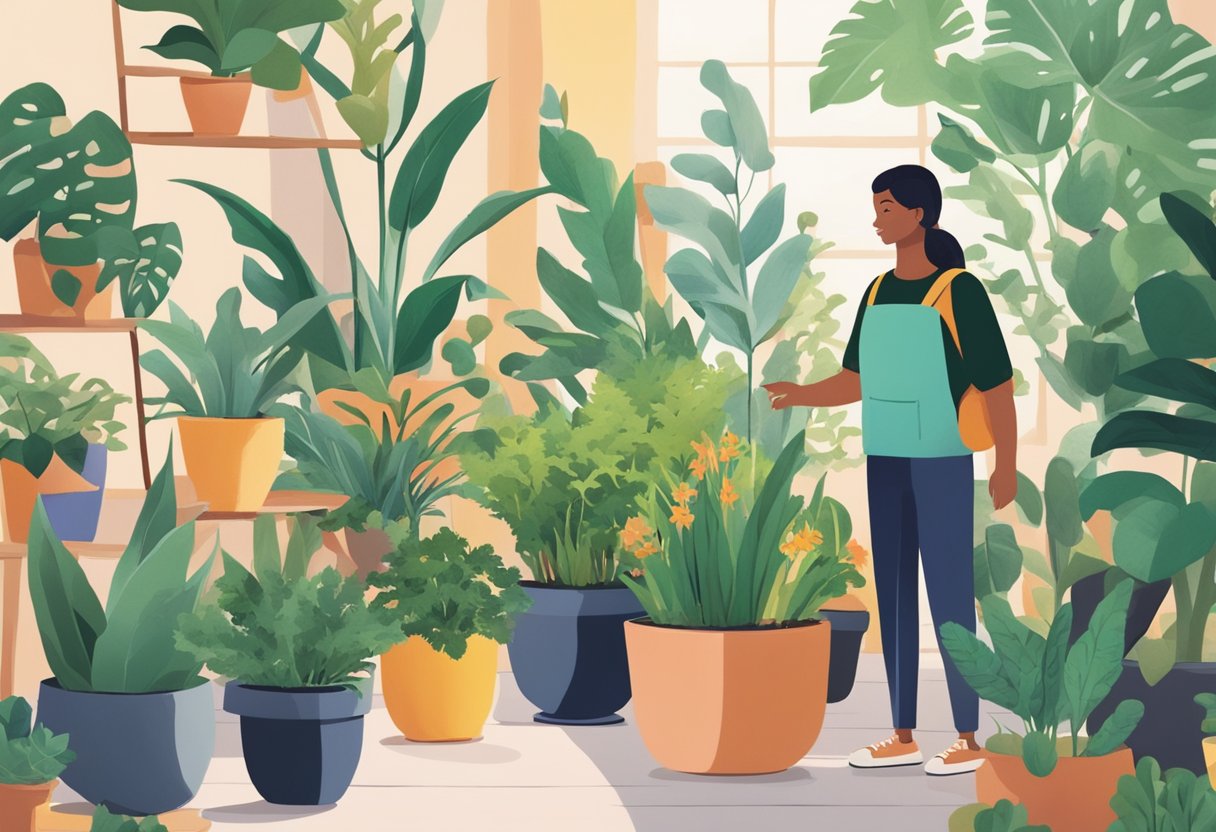 A person choosing from a variety of potted plants, surrounded by greenery and colorful foliage