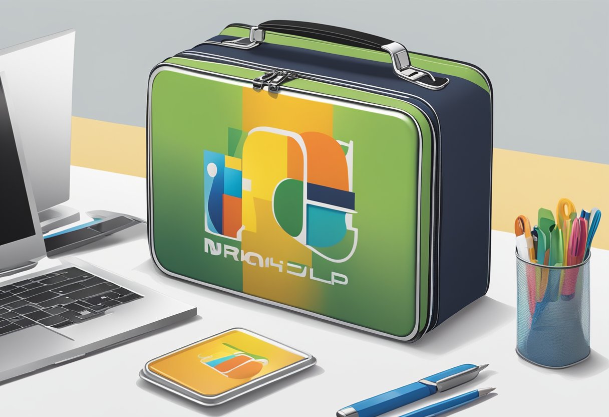 A branded lunch box sits on a clean desk, surrounded by office supplies and a computer. The logo of the company is prominently displayed on the front of the box