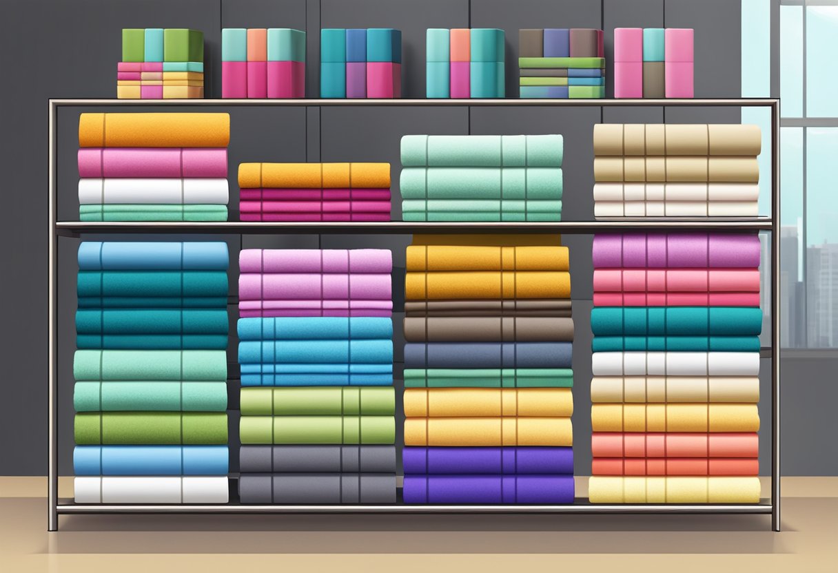 A stack of colorful corporate gift towels arranged neatly on a display table