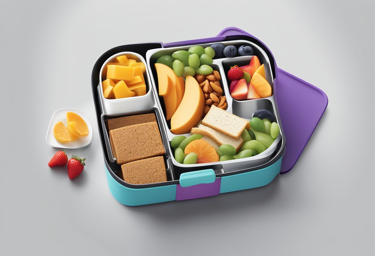 A sleek, modern lunch box sits on a clean, white table. The box is adorned with the company logo and is surrounded by a variety of healthy, colorful snacks