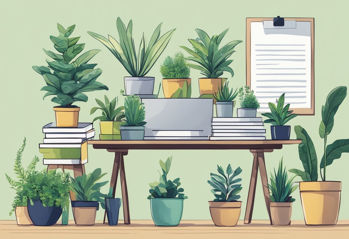 A table with various potted plants, a sign with "Frequently Asked Questions corporate plant gifts" displayed, and a stack of brochures nearby