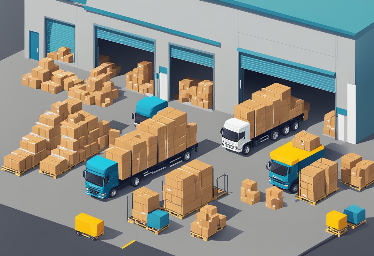 A warehouse with stacks of customised bags being loaded onto delivery trucks