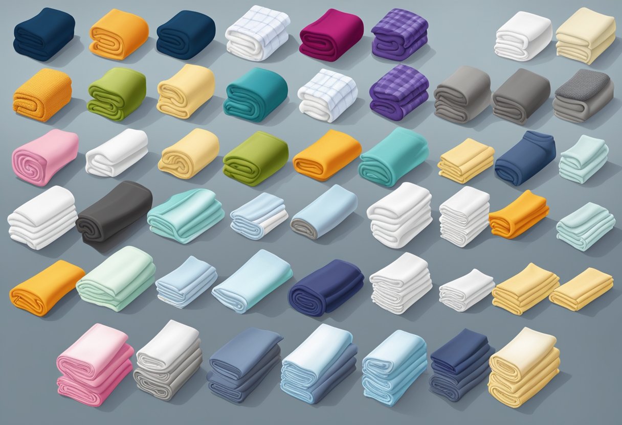 A table displays a variety of high-quality towels with corporate logos, neatly folded and arranged for selection