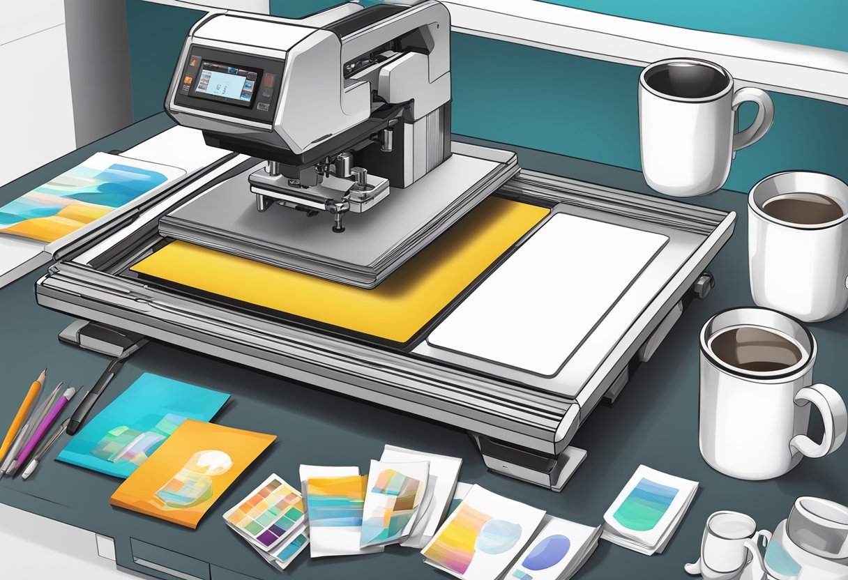 A table with a heat press, sublimation printer, blank mugs, and various design tools for custom mug printing