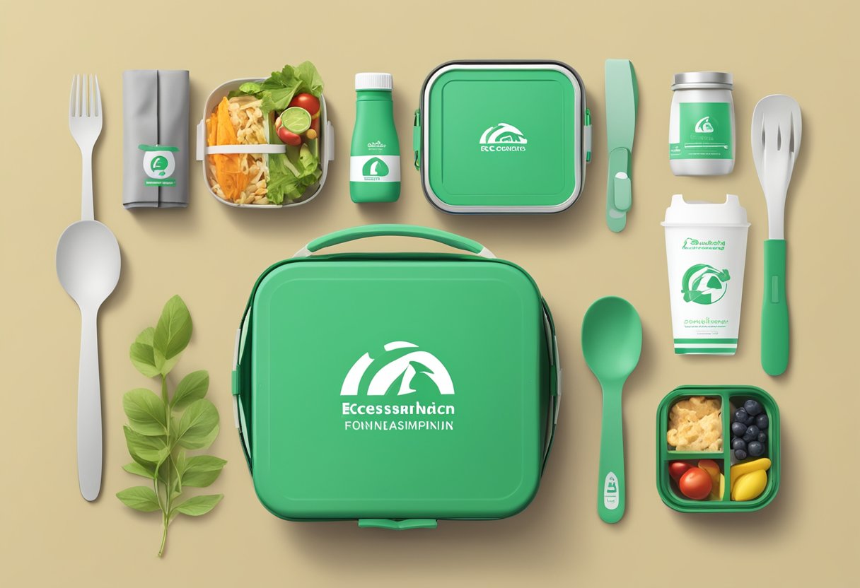 A lunch box with eco-friendly materials and corporate branding, surrounded by reusable utensils and sustainable packaging