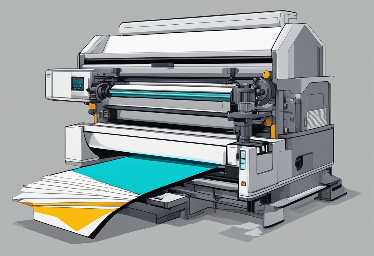 A custom notepad printing machine presses ink onto fresh sheets, while a digital design file is loaded onto the computer monitor for precision