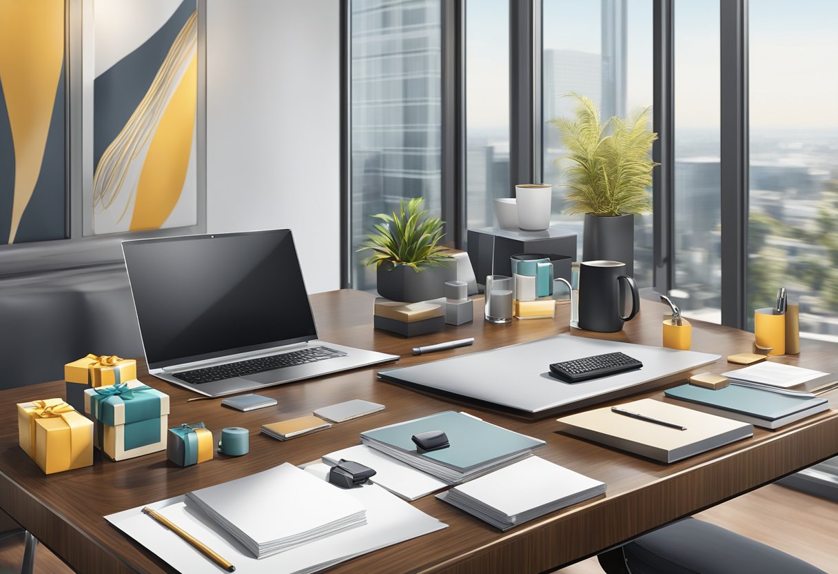 A lavish display of high-end corporate gifts arranged on a sleek, modern table in a sophisticated office setting