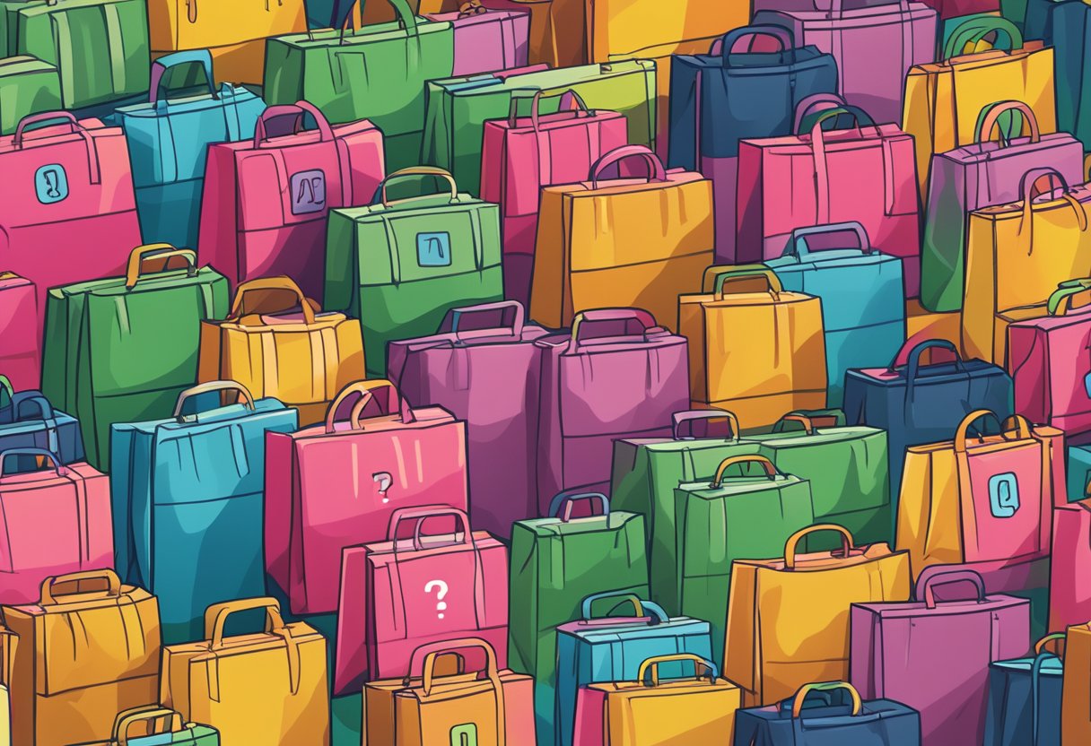 A stack of customised bags with "Frequently Asked Questions" printed on them. Bright colors and various sizes