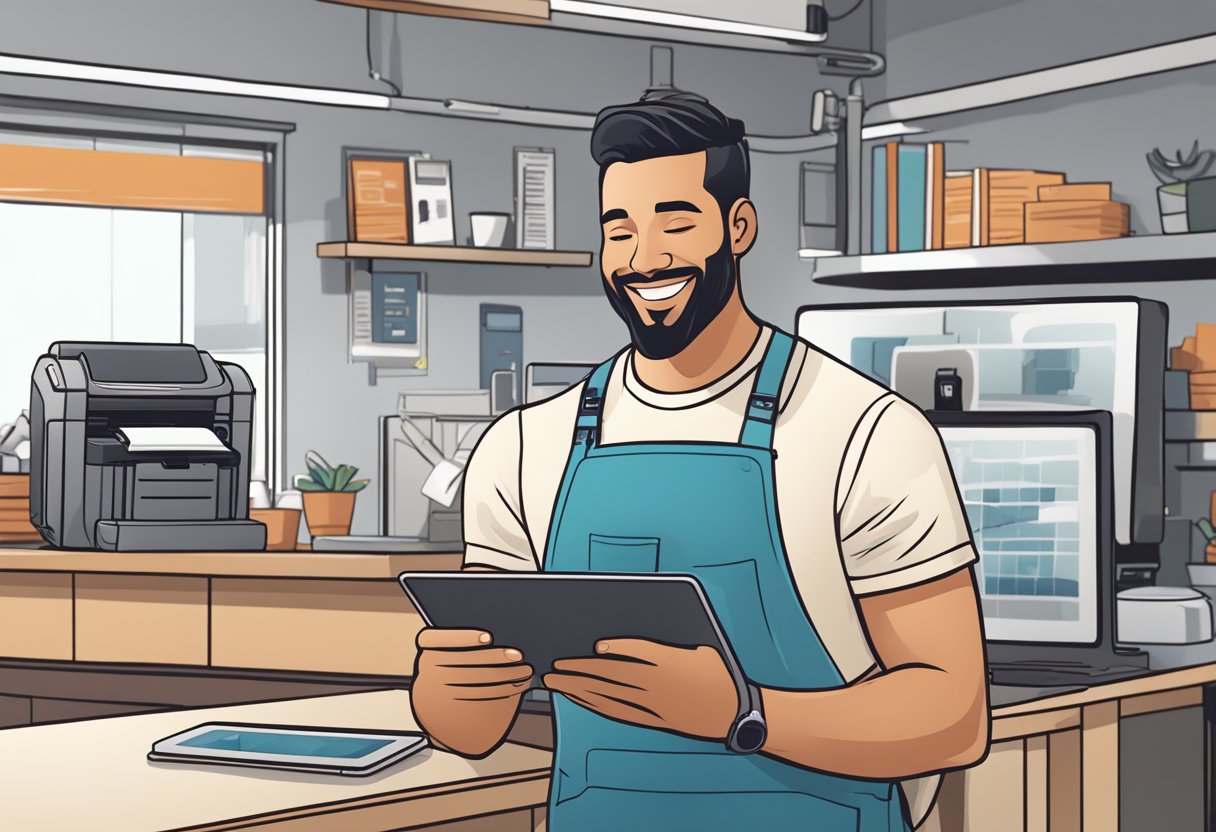 A customer selects a design on a tablet. A printer creates a custom mug. The customer smiles as they receive their personalized mug