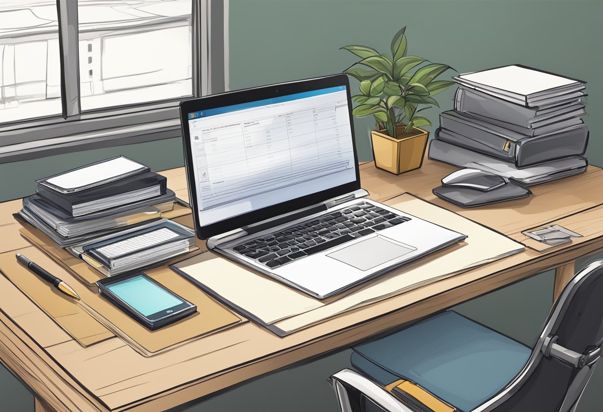 A desk with a computer, pen, and custom notepad design