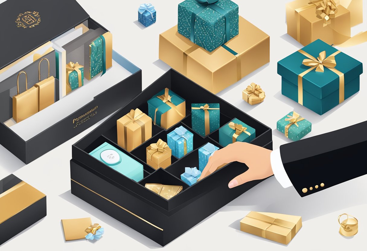 A hand reaches for a sleek, black gift box labeled "Premium Corporate Gifts" amidst a display of luxurious items