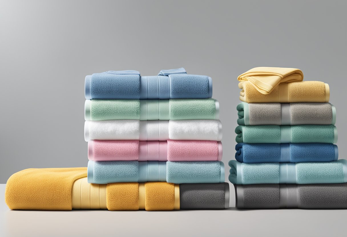 A stack of branded towels displayed with other corporate gift items