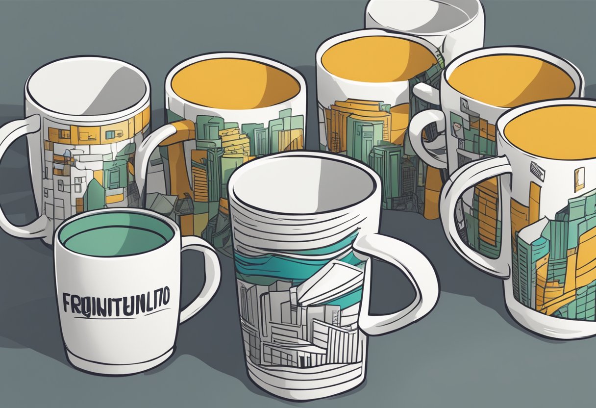 A stack of custom printed mugs with "Frequently Asked Questions" text and various designs on a table