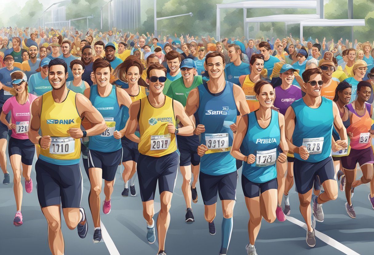 A group of corporate marathon runners receive branded gifts at the finish line