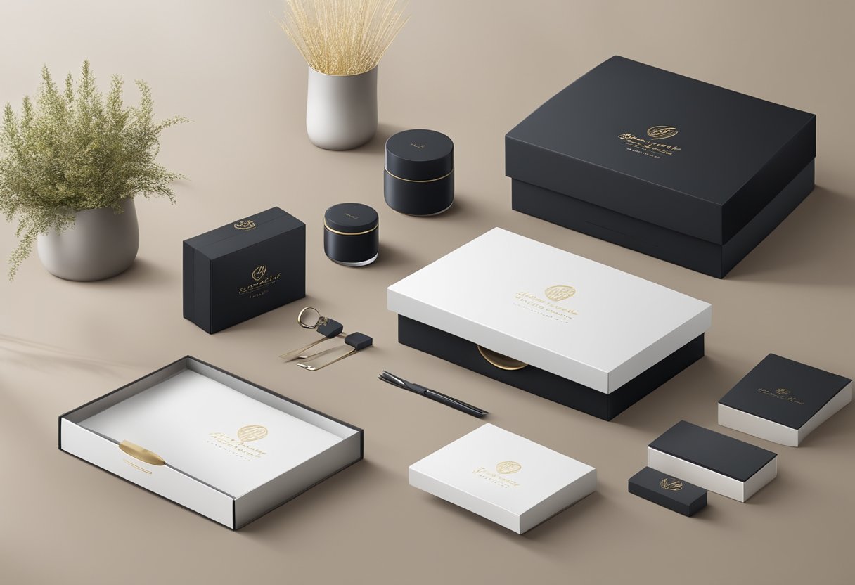 A lavish display of high-end corporate gifts arranged on a sleek, modern table with elegant packaging and branding