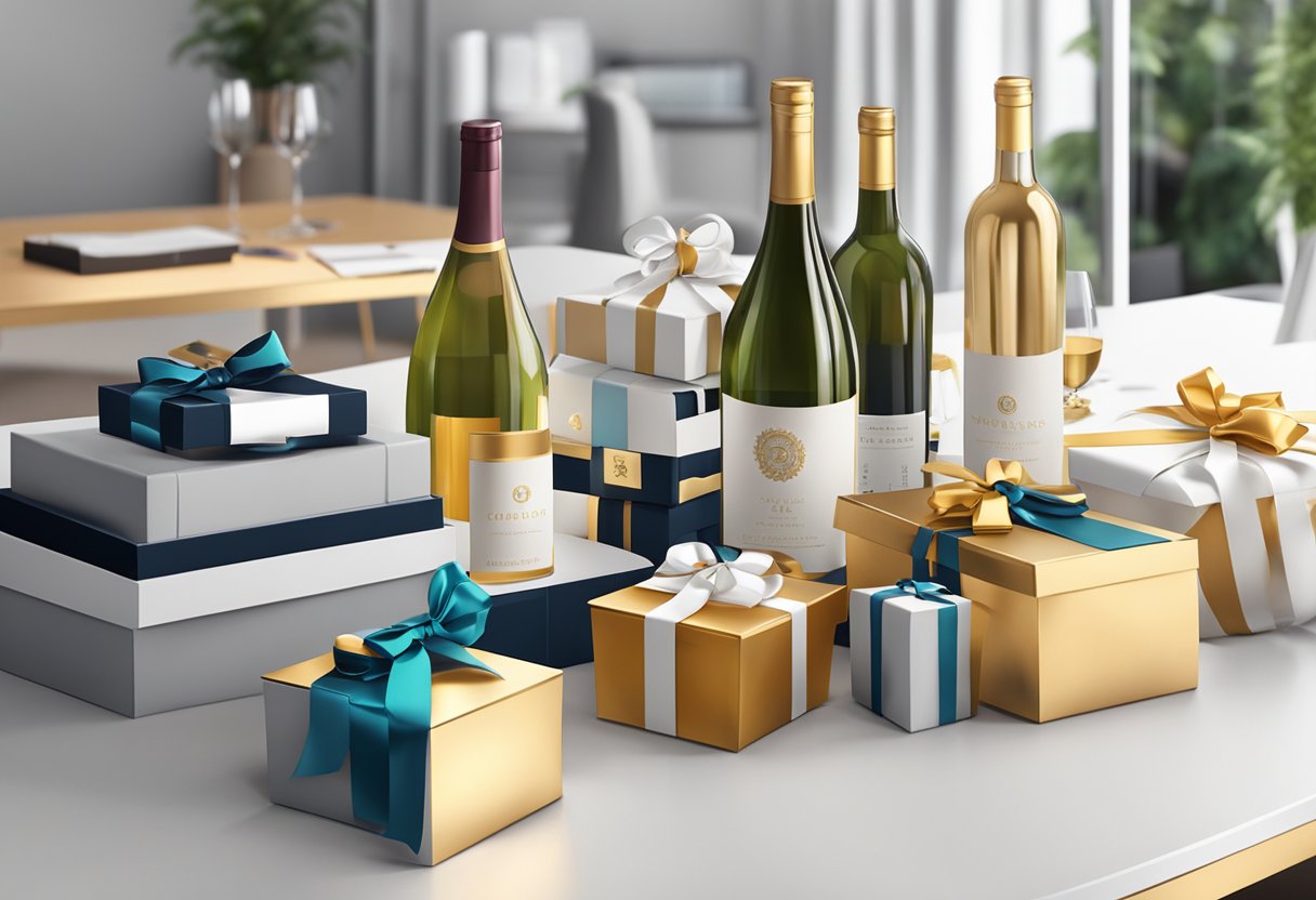 A table adorned with branded gift boxes, elegant wine bottles, and luxurious office accessories