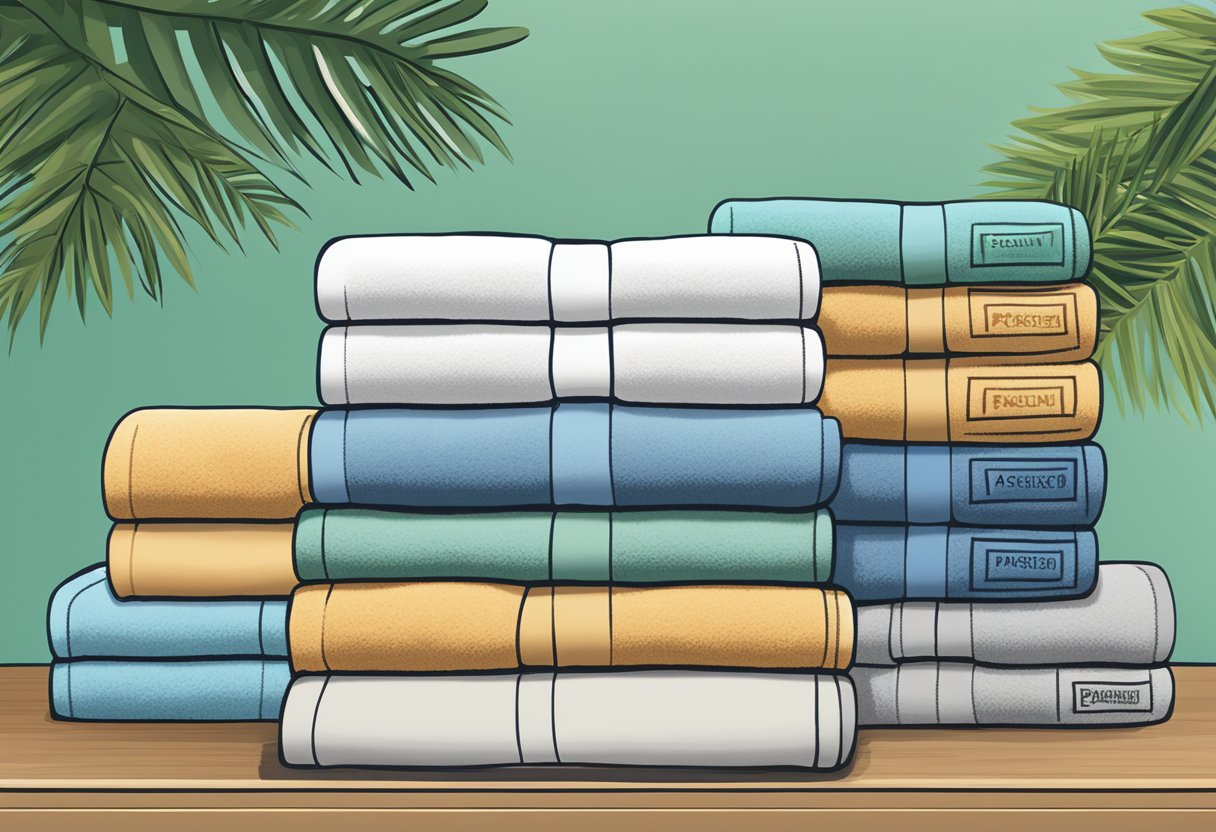 A stack of branded towels with "Frequently Asked Questions" logo, displayed on a corporate gift table
