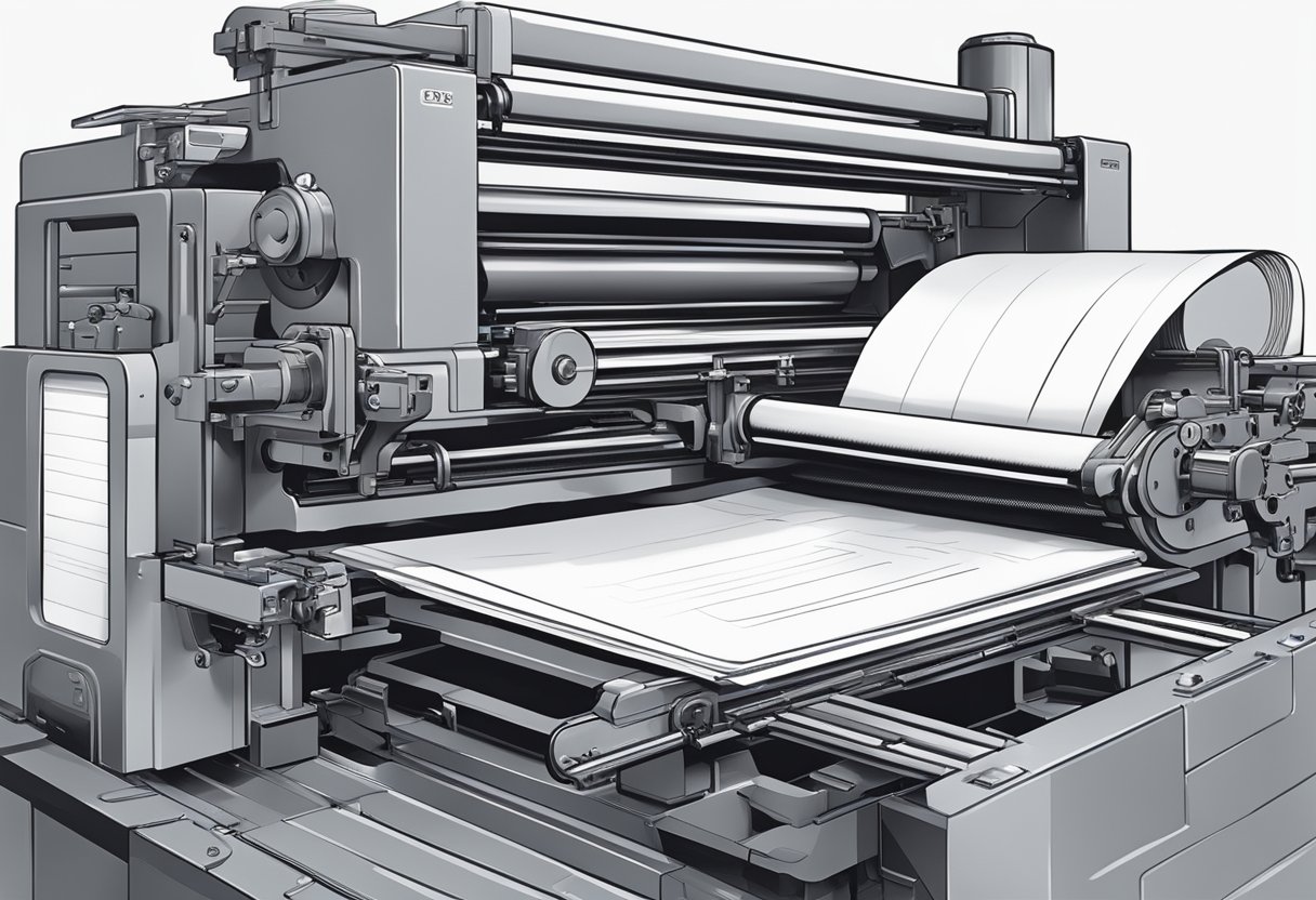 A printing press in action, producing custom notepads with precision and efficiency. Ink and paper moving through the machine, creating a stack of freshly printed notepads ready for packaging