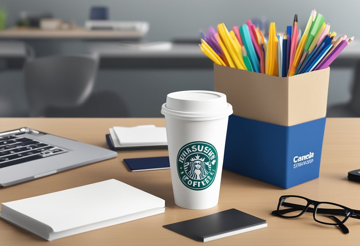 A branded cup sleeve carrier sits on a desk, surrounded by office supplies and a logo-emblazoned mug
