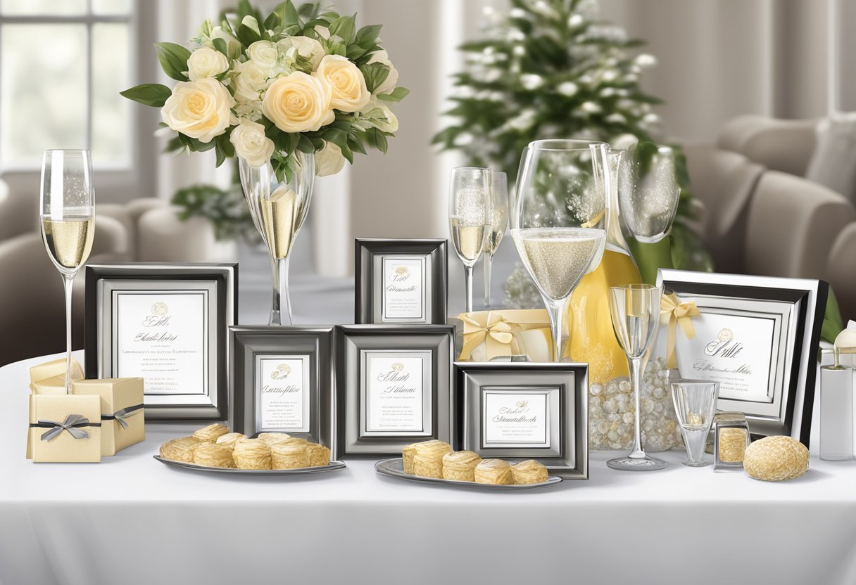 A table displaying elegant corporate wedding gifts, including engraved champagne flutes, personalized photo frames, and luxurious gift baskets