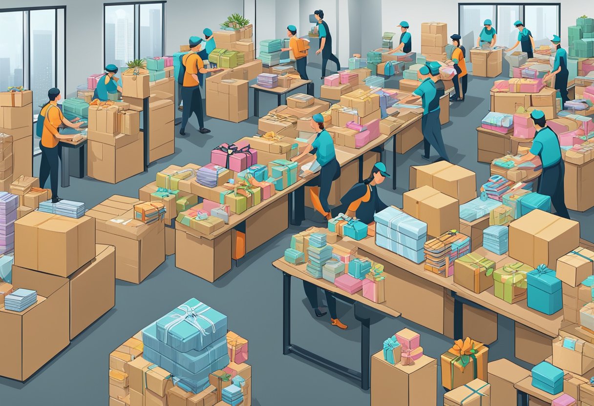 A busy office with stacks of gift boxes, a conveyor belt, and workers packing and labeling gifts for a corporate gifting marathon