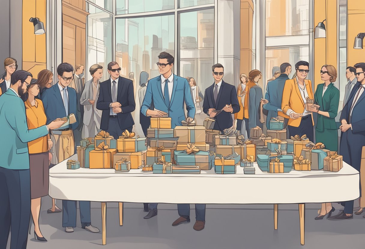 A table with elegant corporate gifts displayed, surrounded by curious onlookers