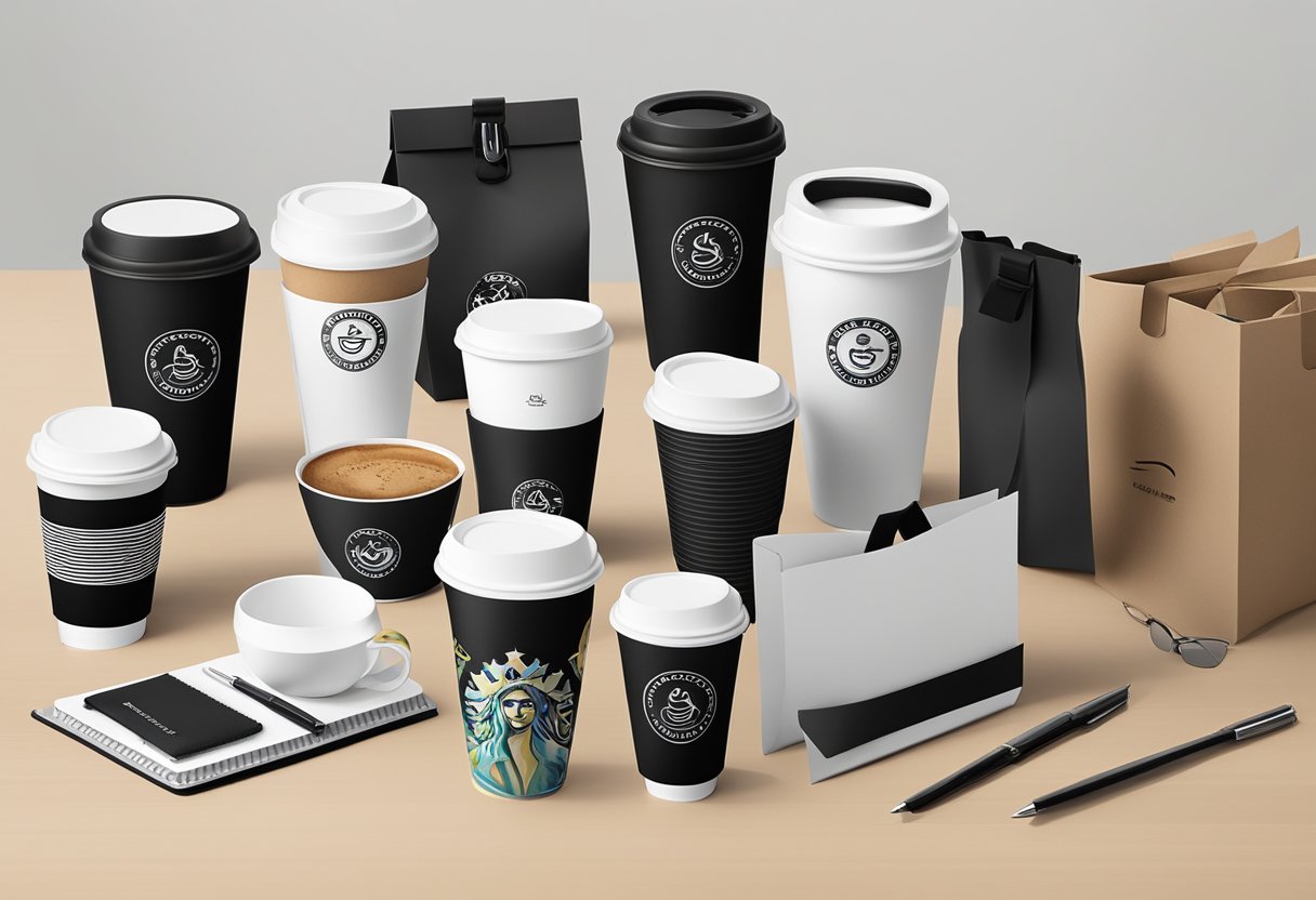 A sleek black cup sleeve carrier with the Corporate Gift Solutions logo prominently displayed, surrounded by various coffee cups and office supplies
