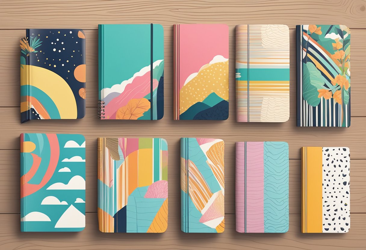 A collection of custom print notebooks arranged on a wooden desk with a variety of colorful covers and patterns