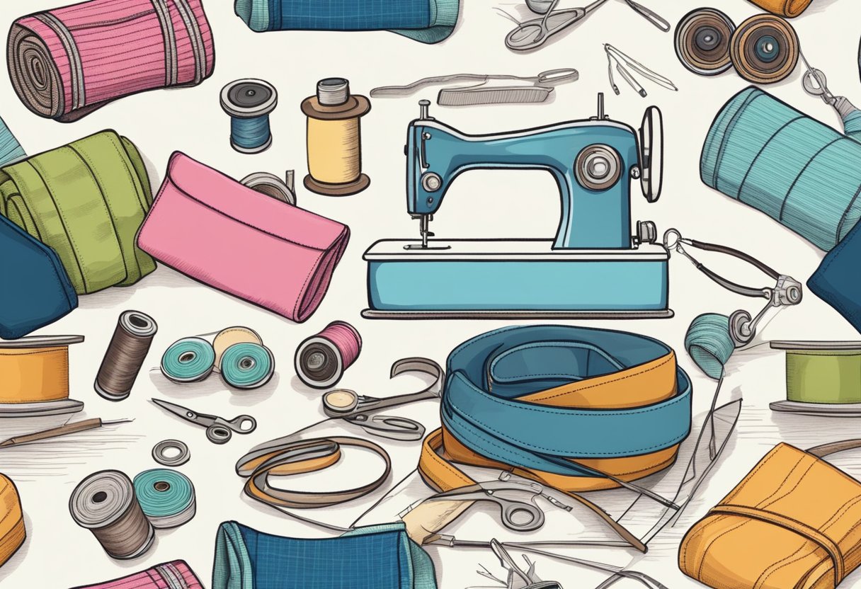 A table with fabric, thread, and a sewing machine. A sketch of a crossbody bag with measurements. A variety of colorful materials and patterns spread out for selection
