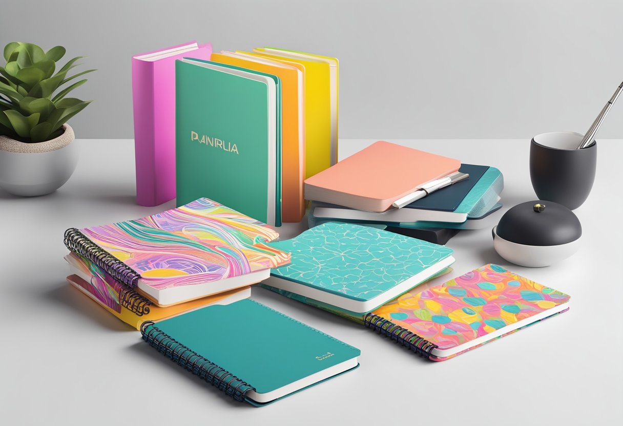 A colorful array of custom print notebooks displayed on a sleek, modern desk with a variety of vibrant designs and patterns