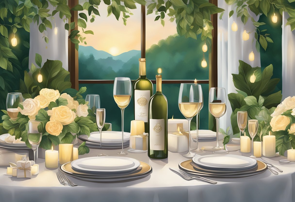 A table adorned with elegant gift options, from personalized wine sets to engraved photo frames, surrounded by a backdrop of lush greenery and soft candlelight