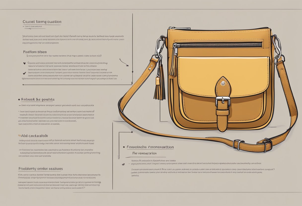 A custom crossbody bag displayed with a list of frequently asked questions surrounding it