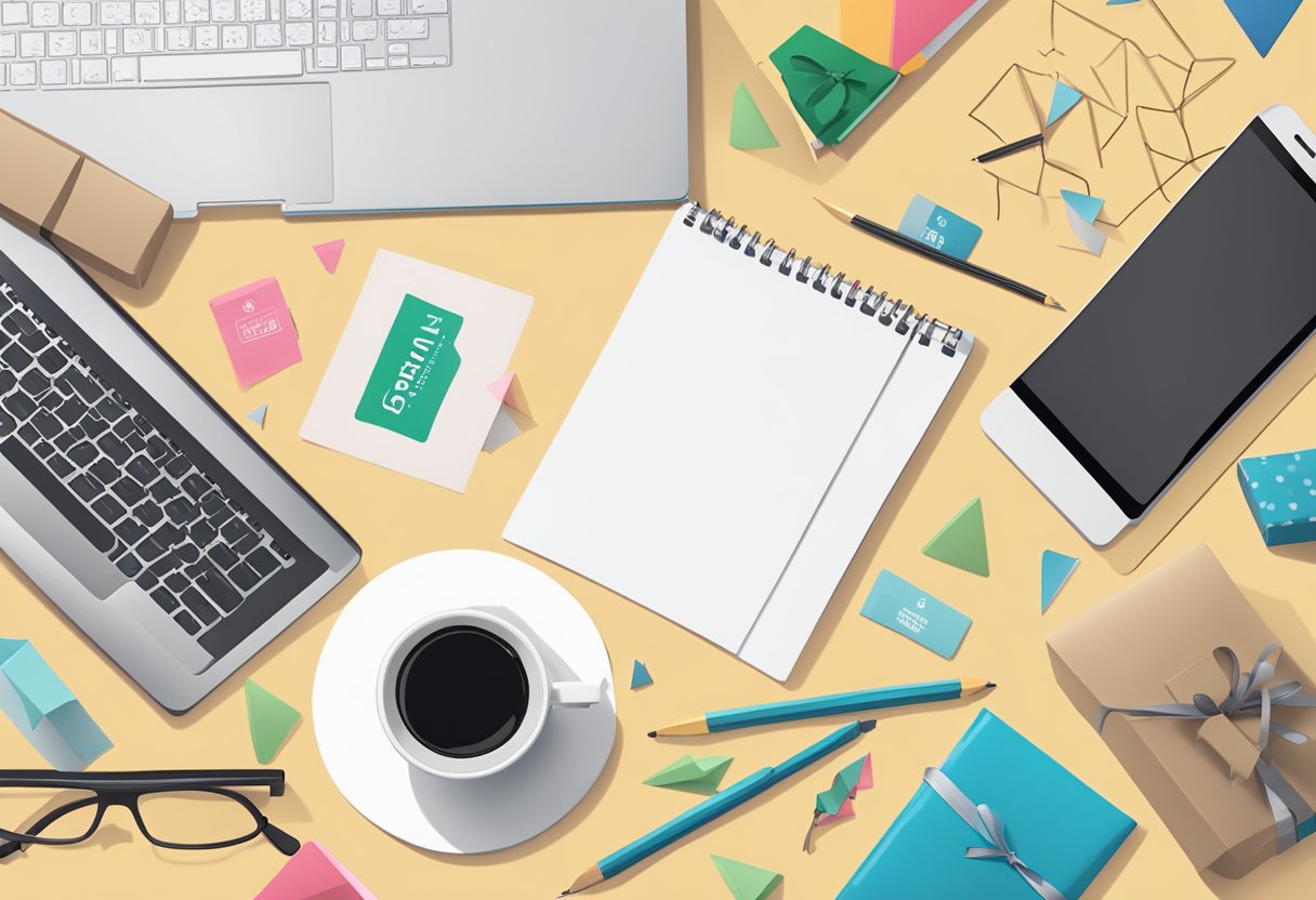 A table with a stack of gift boxes, a laptop displaying "Frequently Asked Questions," and corporate branding materials