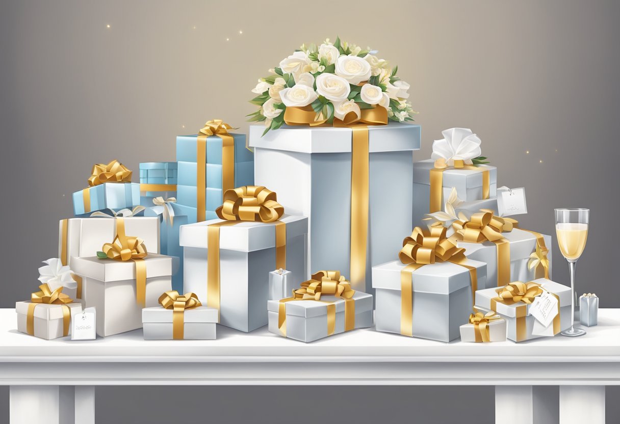 A table filled with elegant corporate wedding gifts, neatly arranged with tags and ribbons, ready to be presented to the happy couple
