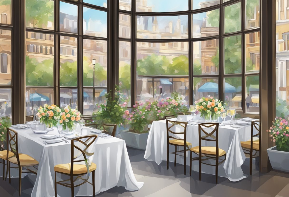 Tables set with white linens, sparkling glassware, and fresh flowers. A view of the bustling street outside through large windows