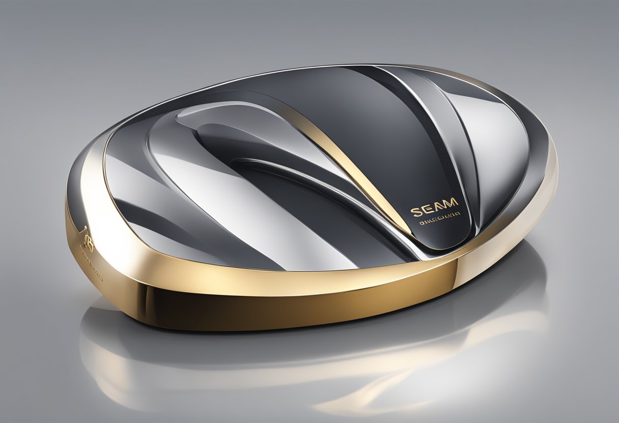 A sleek metal corporate gift sits on a polished desk, catching the light with its smooth surface and intricate details