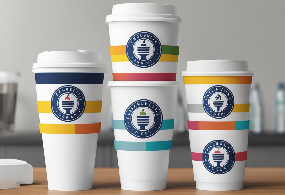 A stack of branded cup sleeve carriers sits on a table, ready to be given as corporate gifts. The logo and "Frequently Asked Questions" text are prominently displayed on the carriers