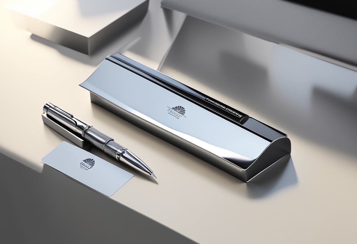 A sleek metal pen and a polished metal business card holder sit on a modern desk with a logo prominently displayed in the background