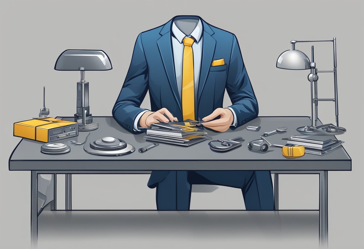 A professional in a suit examines various metal corporate gifts from different suppliers, comparing quality and design