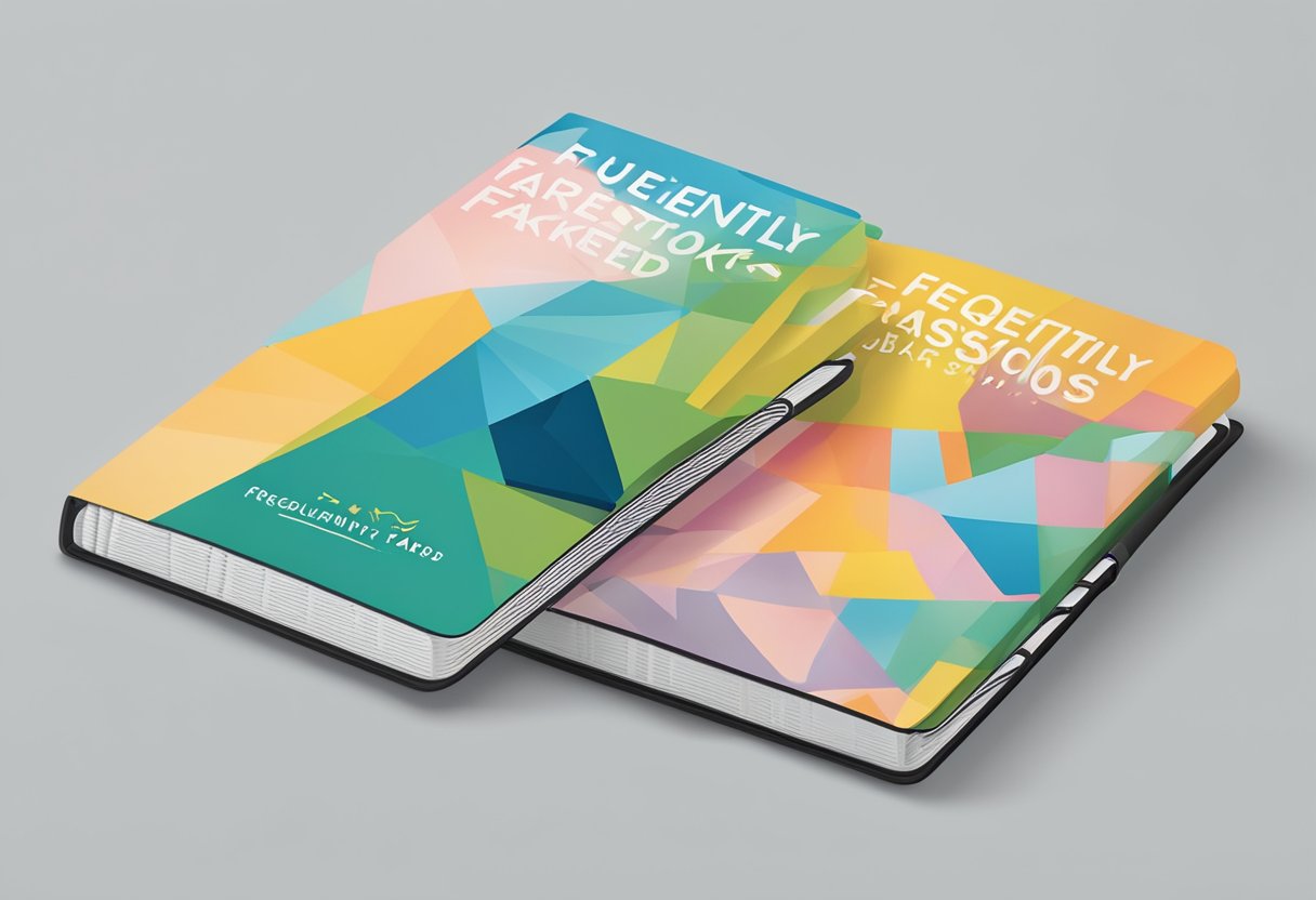 A stack of custom print notebooks with "Frequently Asked Questions" text on covers, arranged on a table