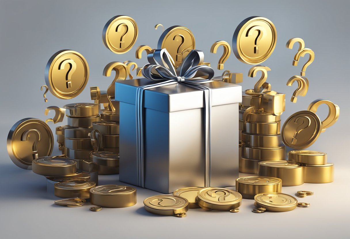 A metal corporate gift surrounded by question marks, with a spotlight shining on it