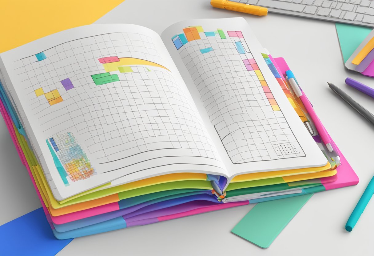 A customised exercise book lies open on a desk, with colorful covers and personalized text