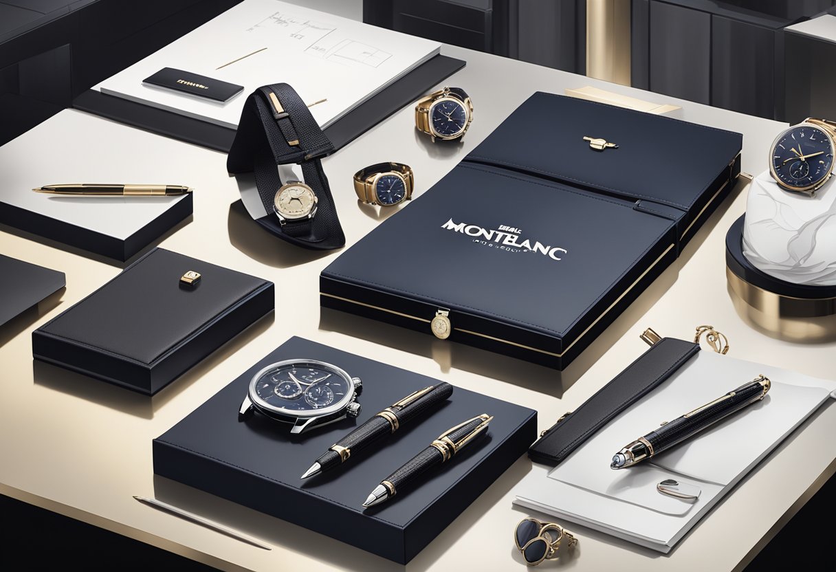 A table adorned with Montblanc corporate gifts, including pens, leather goods, and watches, displayed in an elegant showroom setting