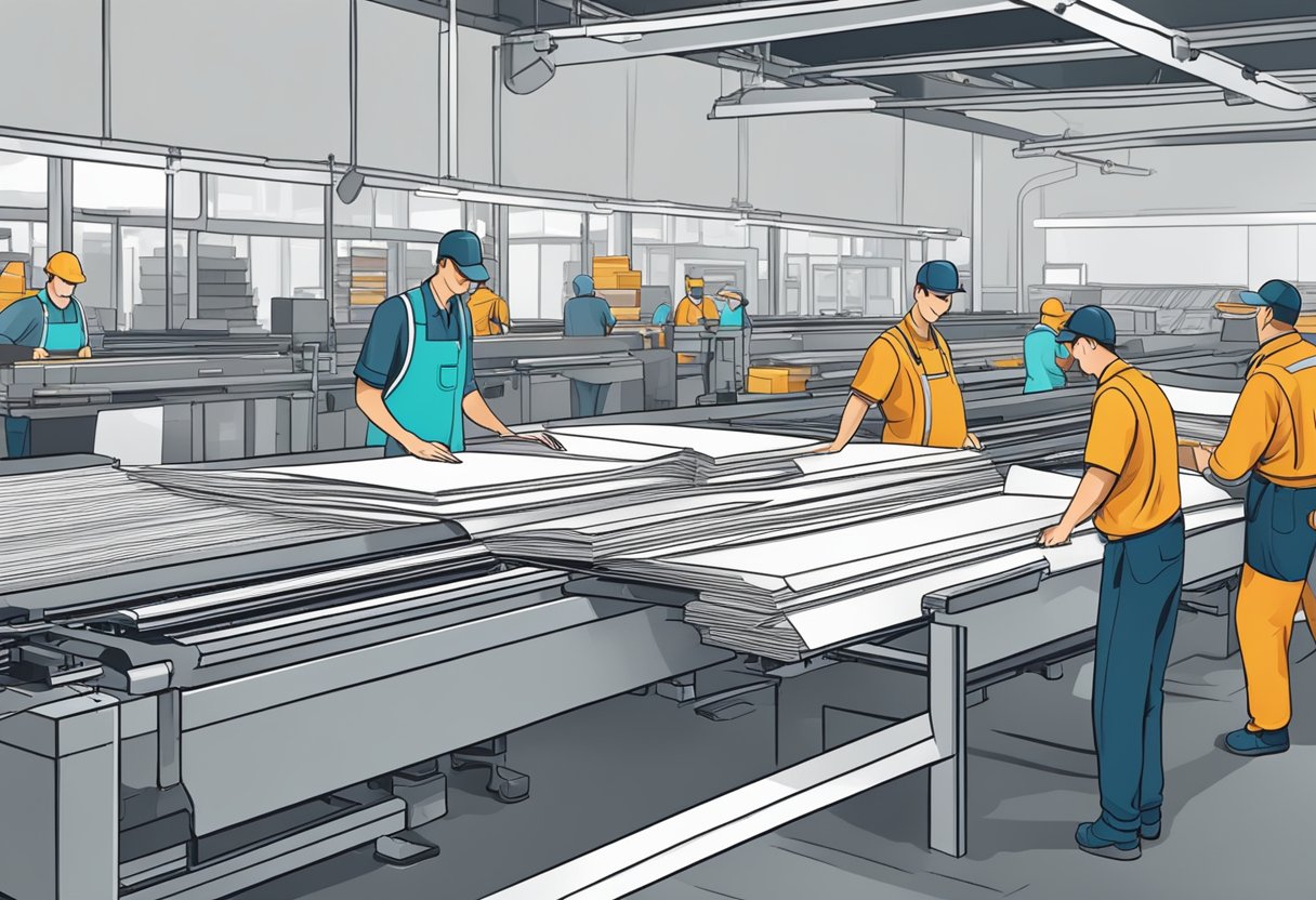 A stack of custom exercise books on a conveyor belt in a busy printing facility. Workers inspecting and packing the finished products