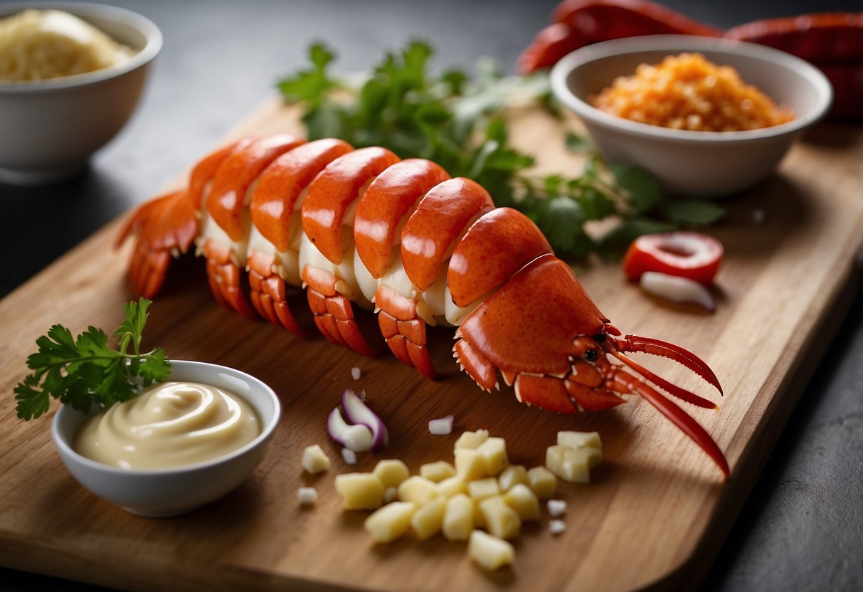 A lobster tail sits on a cutting board, surrounded by ingredients like mayonnaise, chili peppers, and mentaiko, ready to be prepared for a delicious mentaiko lobster recipe