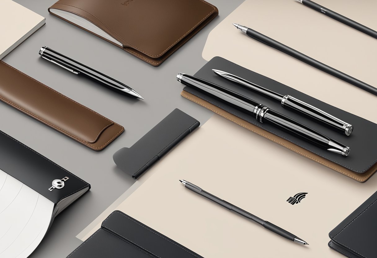 A sleek Montblanc pen and leather notebook sit on a polished desk, with the company logo subtly embossed on each item