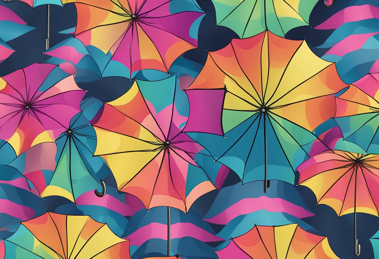 A custom umbrella with a vibrant pattern, open against a stormy sky